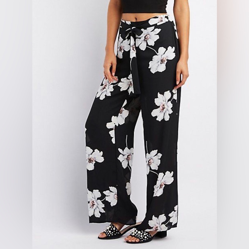 Black floral flowing pants